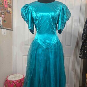 Vintage Turqoise/Teal Taffeta Tulle Satin Crinoline Dress Prom Tea Party Brunch